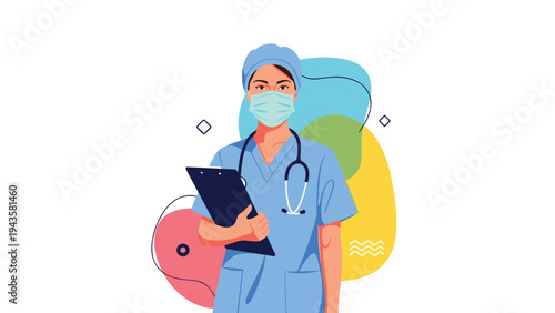 Female medical professional wearing a mask and cap while holding a clipboard against a colorful background.