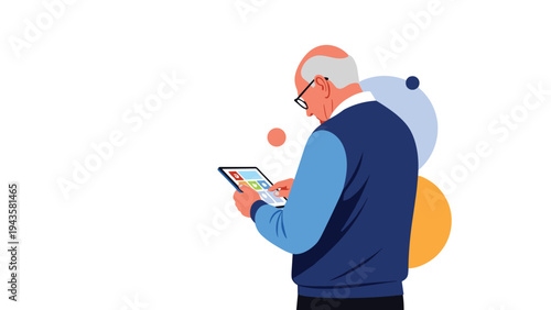 Elderly man with glasses sitting and using a tablet computer to browse apps or connect with family online.