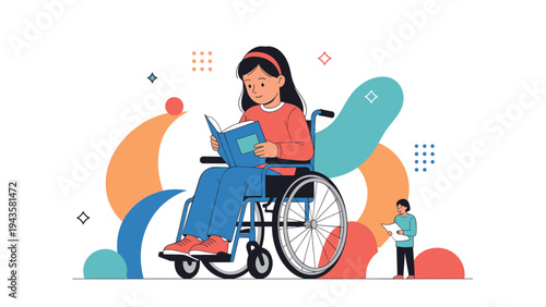 Happy young girl sitting in a wheelchair and reading a blue book for education and personal growth at home.