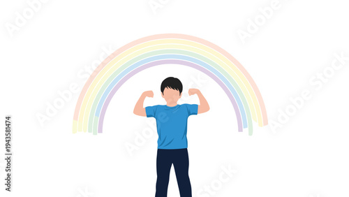 Strong young boy showing his muscles in front of a colorful rainbow symbolizing health and physical strength.