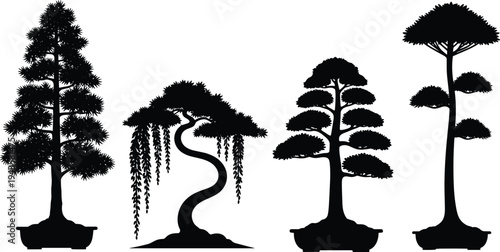 Black silhouette illustration of four bonsai trees with unique shapes, curved trunks, layered foliage, and artistic styles, symbolizing nature, gardening, culture, and creative artwork projects