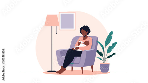 Black mother sitting in a purple armchair and feeding her baby with a bottle in a nursery with home plants.