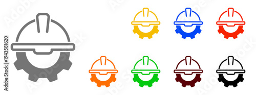 Collection of simple line art icons representing construction hard hats in various vibrant colors, set against a clean white background. Includes a grey outline version.