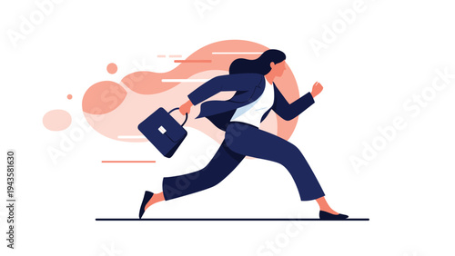 Determined businesswoman running fast with a briefcase representing work pressure or rushing to a meeting.
