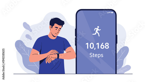 Healthy man checking his activity progress on a smartwatch showing step count next to a large mobile phone screen.