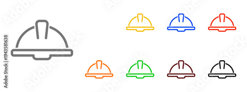 Collection of simple line art icons representing construction hard hats in various vibrant colors, set against a clean white background. Includes a grey outline version.