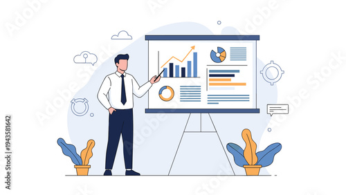 Successful businessman giving a professional presentation using charts and bar graphs on a white board in office.