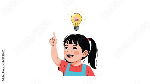 Cute little girl pointing up at a glowing yellow lightbulb symbolizing a bright idea or creative inspiration.