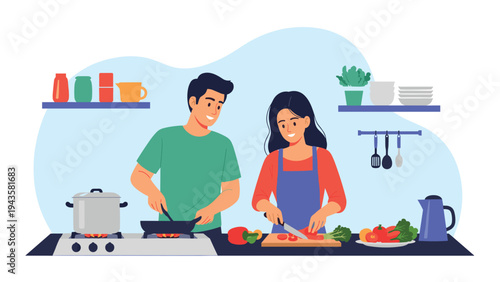 Happy young couple preparing a healthy meal together in a modern kitchen with vegetables and cooking equipment.