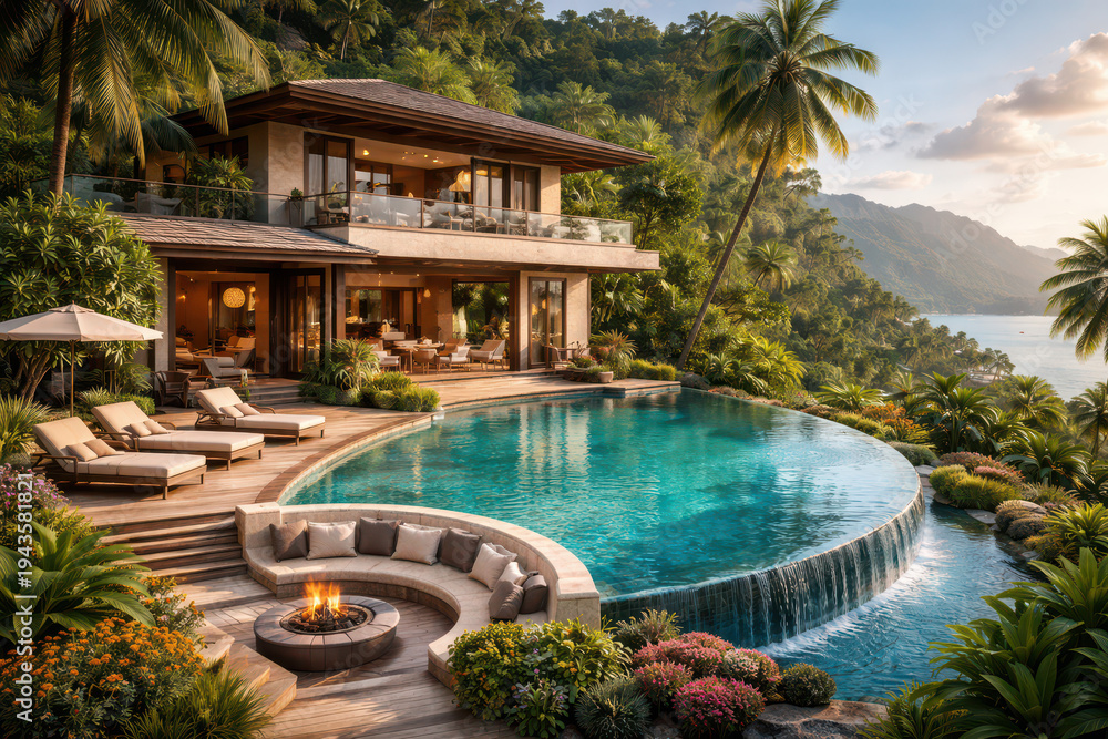 Fototapeta premium Luxurious villa with infinity pool surrounded by tropical greenery.