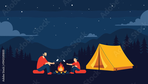 Father and son sit by a campfire at night outside their yellow tent, roasting marshmallows under a starry sky in the mountains.