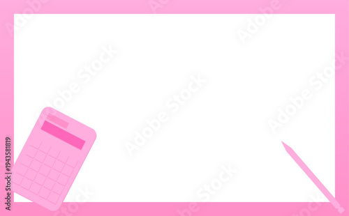 電卓とシャープペンシルを配置したピンクの背景イラスト