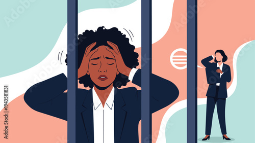 Stressed woman holds her head in frustration behind vertical bars while a colleague watches from a distance in an office setting.