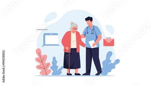 Male nurse or doctor provides physical support to an elderly woman with a cane, assisting her as they walk through a clinic.
