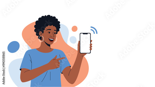 Excited woman holds a smartphone and points at the blank screen, promoting a new mobile application or digital service online.