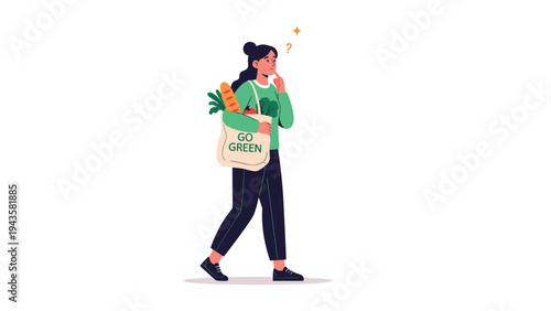 Woman walks thoughtfully while carrying an eco-friendly grocery bag with a Go Green message, reflecting on sustainable living.