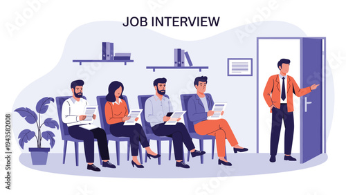 Group of diverse candidates sit in a waiting area holding resumes while a manager stands at the door for a professional job interview.