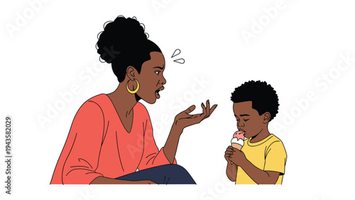 Concerned mother talks sternly to her young son who is focused on eating a melting ice cream cone in a parenting moment.
