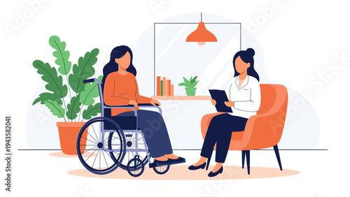Woman in a wheelchair engages in a professional consultation with a medical specialist in a bright office filled with green plants.