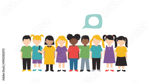 Diverse group of school children stand together in a row with one child having a speech bubble above their head in a classroom.