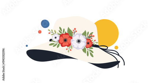 Elegant white sun hat decorated with a variety of colorful red and white flowers and green leaves against an abstract background.