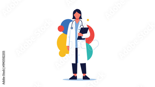 Professional female doctor in a white medical coat holding a clipboard and standing against an abstract colorful background.