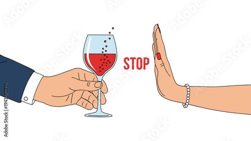 Hand gesture of a woman wearing a pearl bracelet refusing a glass of red wine with a stop sign text shown in the background.