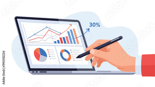 Hand using a stylus to point at various business growth charts and financial statistics displayed on a modern laptop screen.