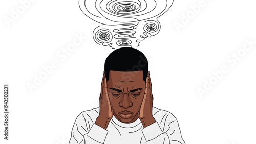 African American man closing his eyes and holding his head while swirls above him represent stress, noise, or mental confusion.