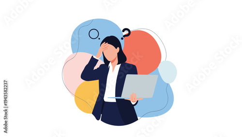 Professional businesswoman in a dark suit holding a laptop and expressing stress or a headache against a colorful abstract backdrop.