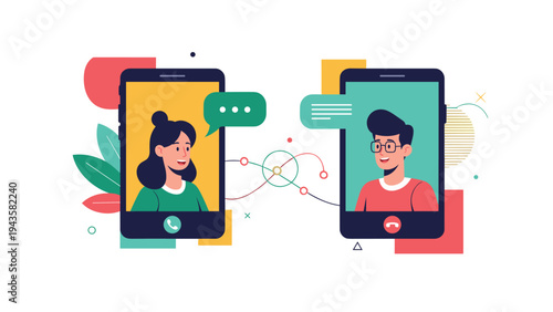 Man and woman having a friendly video conversation through their smartphones with speech bubbles and colorful abstract elements.
