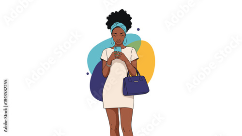 Fashionable African American woman wearing a headband and holding a handbag while looking intently at her smartphone screen.