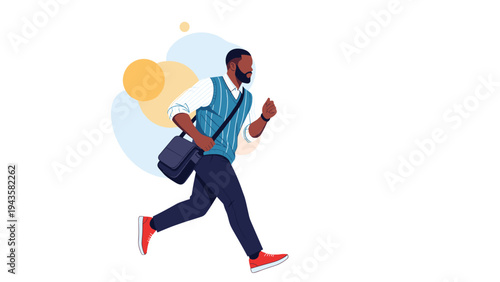 Stylish man with a beard and a crossbody bag running quickly against an abstract background of colorful circles and shapes.
