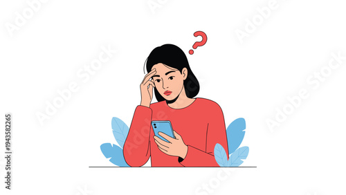 Young woman looking at her mobile phone with a confused expression and a red question mark floating above her head in frustration.
