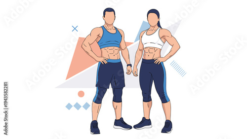 Muscular man and woman in athletic wear standing together confidently showcasing their physical fitness and body strength results.