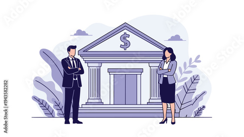 Professional business partners standing confidently in front of a classical bank building with a dollar symbol on its pediment.