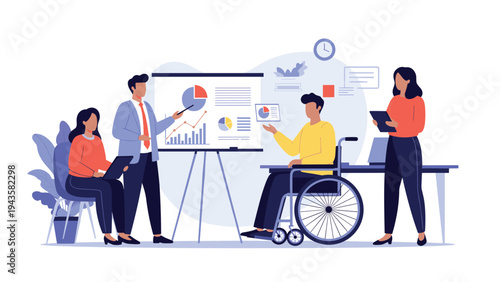 Professional team including a man in a wheelchair conducting a business presentation and analyzing data charts in a modern office setting.