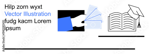 Financial literacy, scholarship opportunities, investment in education, student finance, graduation goals, academic achievement. A hand holding money, book and graduation cap. Financial literacy