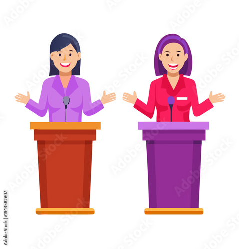 Two smiling women deliver engaging speeches at separate podiums, one in red, the other gesturing in purple
