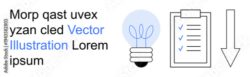 Innovation, productivity, task management, growth, business planning, decision making. A light bulb with sprouting plants, checklist with checkmarks downward arrow. Innovation and productivity