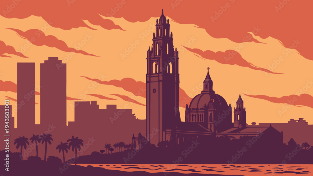 Naklejka premium Urban Skyline Silhouette with Ornate Tower and Dome Against Dramatic Sunset Sky Scenery san diego skyline
