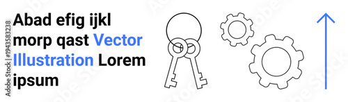 Security, innovation, solutions, mechanics, growth, direction. Minimal illustration of keys, two gears and an arrow pointing upward. Security and innovation with geometric simplicity