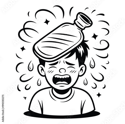 Boy cries sadly with an ice pack on his.