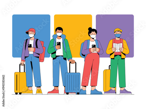 Travelers wait wearing face masks.