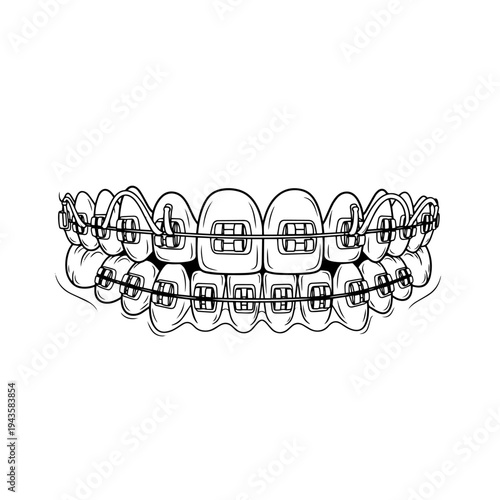 Dental Braces Orthodontic Teeth Alignment Black and White Vector Icon – Dentistry Treatment Line Illustration