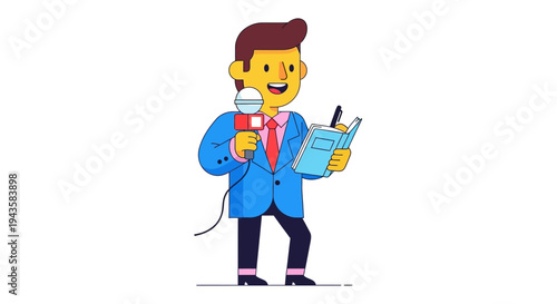 Professional Cartoon Journalist Reporting Live with Microphone and Notebook, Capturing News and Important Information
