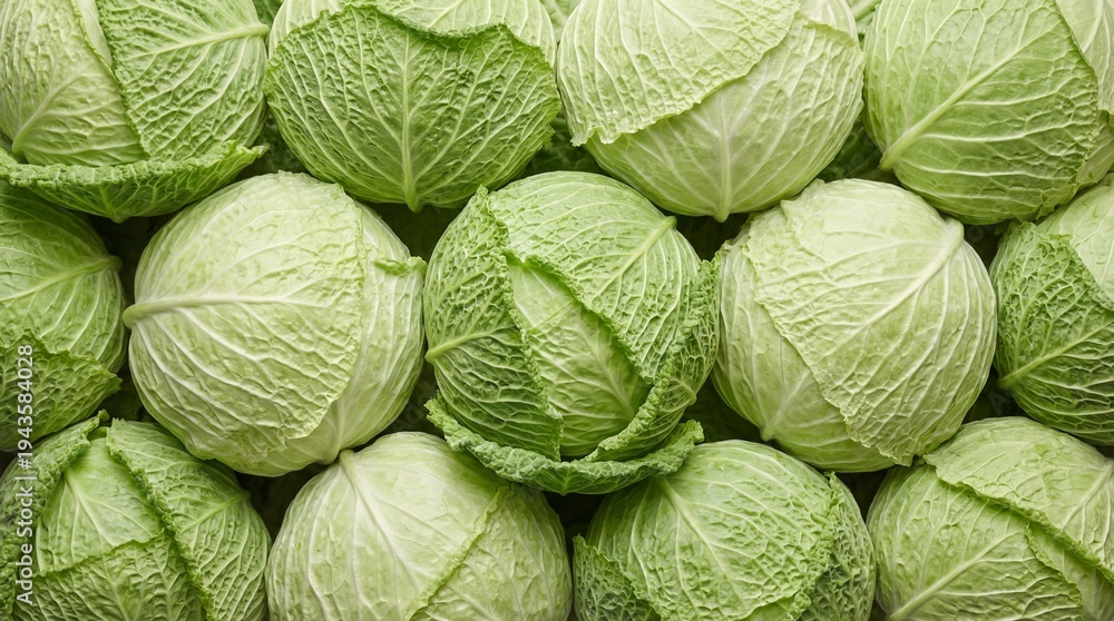 Fototapeta premium Cabbage Texture – Fresh Green Cabbage Heads – Organic Leafy Vegetable Food Background for Farm Produce Design, Healthy Cooking Concept, Grocery Packaging, Macro Close Up