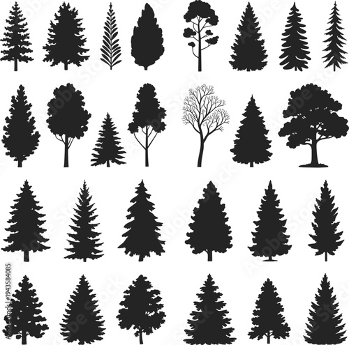 WebTree silhouette collection, diverse forest shapes, coniferous deciduous varieties, natural woodland, outdoor landscape, eco environment, design element, botanical study, flat vector illustration