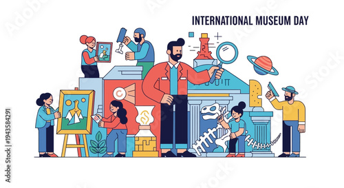 International Museum Day celebration with diverse artifacts and visitors exploring exhibits in a modern art gallery