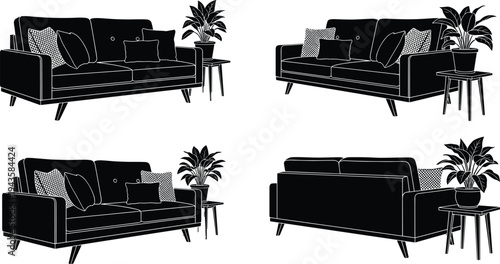 Black silhouette illustration of modern two-seater sofa with cushions, side table, and potted plant shown from multiple angles, artwork concept for furniture, interior design, home decor projects